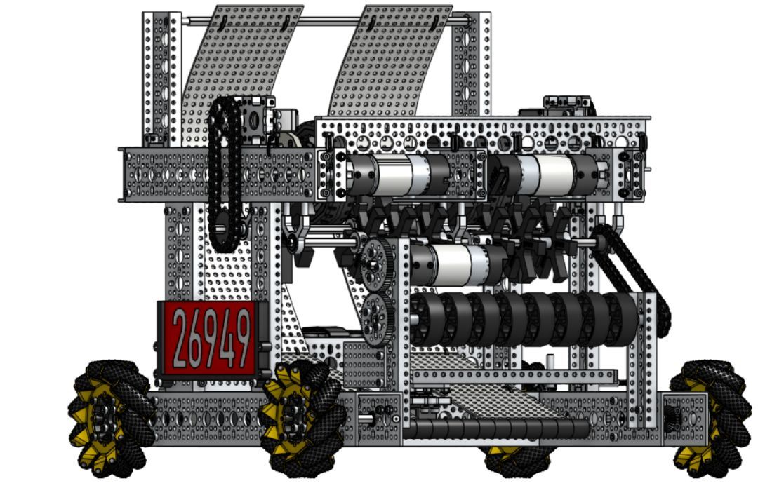 CAD model of our robot showing the drivetrain, intake, and dual shooters